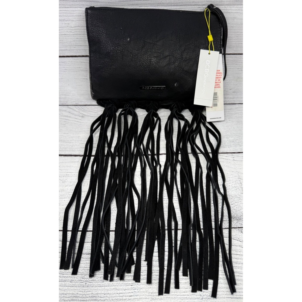 BCBGeneration Black Faux Leather Fringe Clutch Evening Bag - Picture 1 of 6